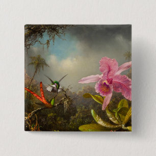 Orchid with Two Hummingbirds Heade 2 Inch Square Button