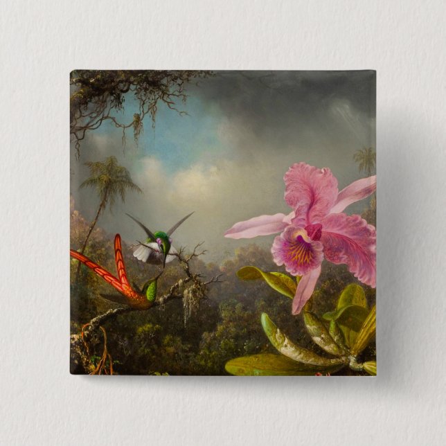 Orchid with Two Hummingbirds Heade 2 Inch Square Button (Front)