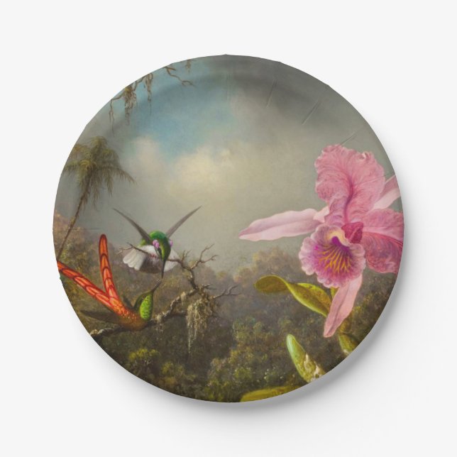 Orchid with Two Hummingbirds Heade Paper Plate (Front)