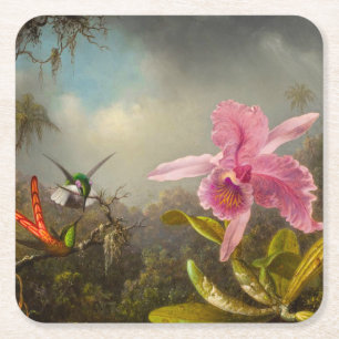 Orchid with Two Hummingbirds Heade Square Paper Coaster