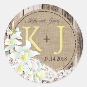 Orchid Wood Lace Rustic Monogram Wedding Label