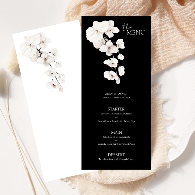 Orchidées Blanches Noires Modernes Menu Mariage Fl (Modern Black and White Orchids Flowers Wedding Menu )