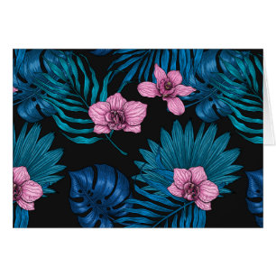 Orchidées et feuilles de palmiers, rose et bleu su