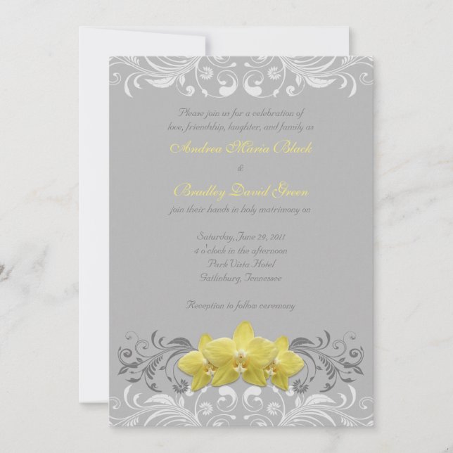 Orchidées Jaunes Gris Faire-part de mariage Floral (Devant)