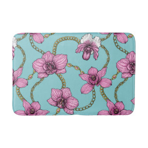 Orchids and chains, pink and blue bath mat