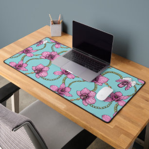 Orchids and chains, pink and blue desk mat
