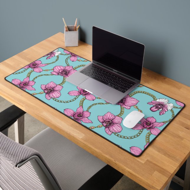 Orchids and chains, pink and blue desk mat (Office 2)