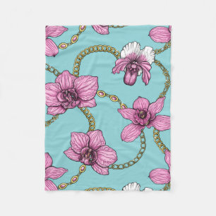 Orchids and chains, pink and blue fleece blanket