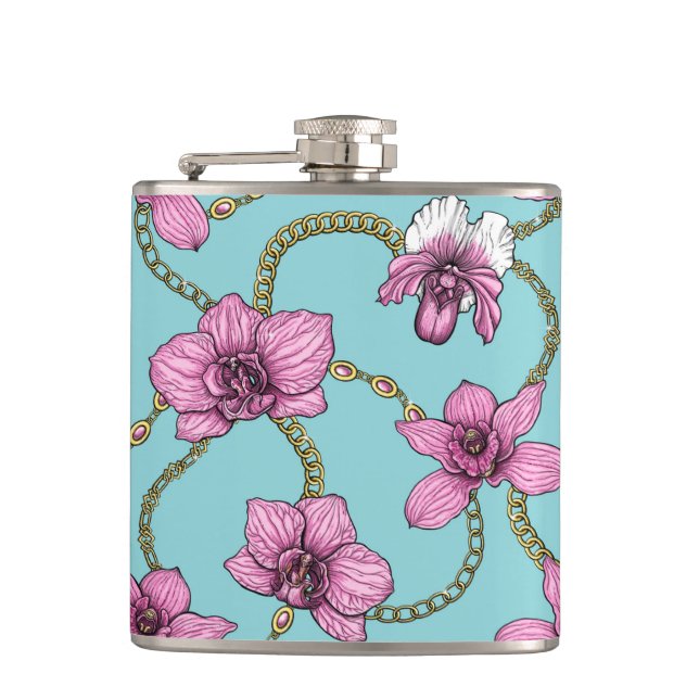 Orchids and chains, pink and blue hip flask (Front)