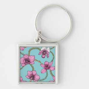 Orchids and chains, pink and blue keychain