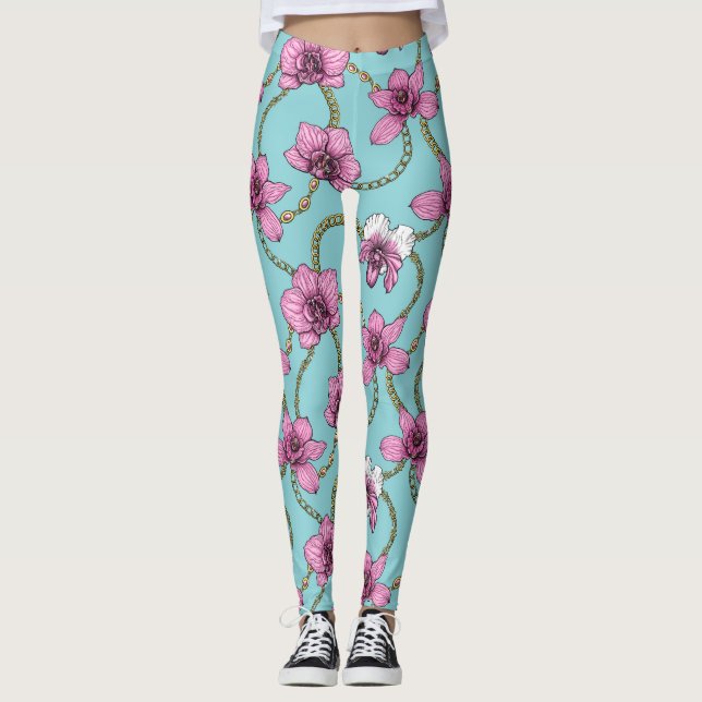 Orchids and chains, pink and blue leggings (Front)