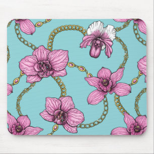 Orchids and chains, pink and blue mouse pad