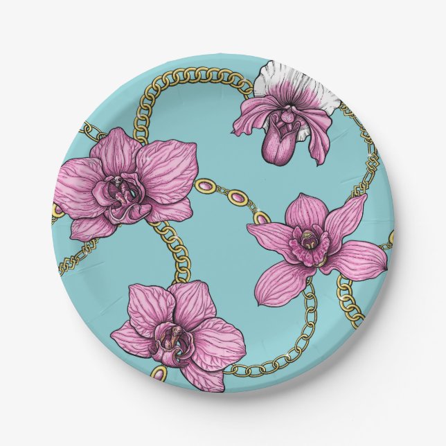 Orchids and chains, pink and blue paper plate (Front)