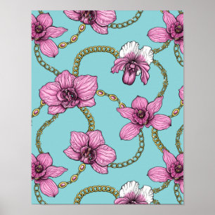 Orchids and chains, pink and blue poster