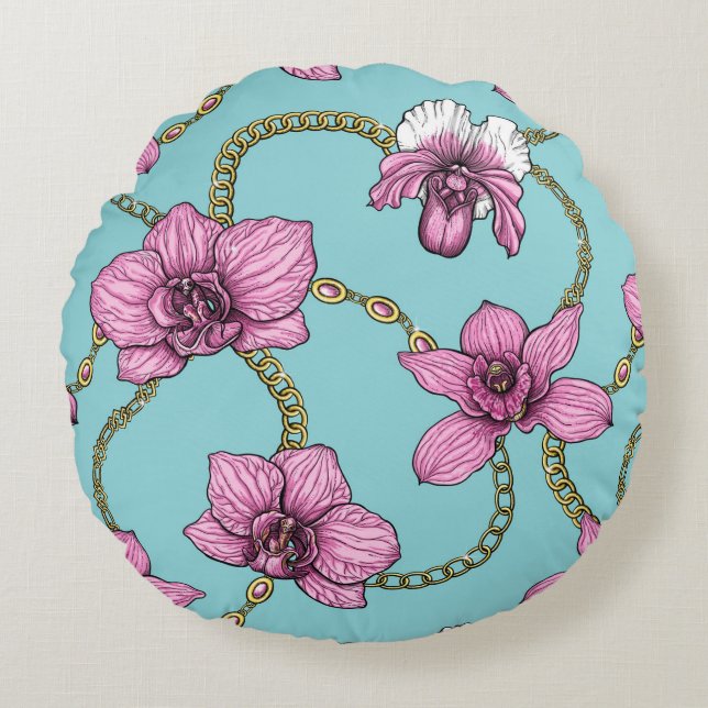 Orchids and chains, pink and blue round pillow (Front)