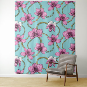 Orchids and chains, pink and blue tapestry
