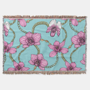 Orchids and chains, pink and blue throw blanket