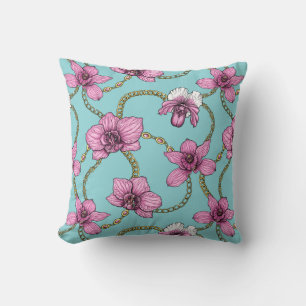 Orchids and chains, pink and blue throw pillow