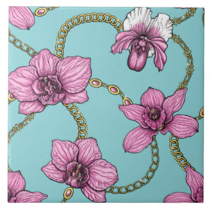 Orchids and chains, pink and blue tile