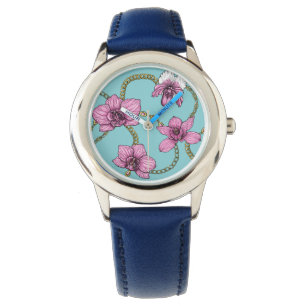 Orchids and chains, pink and blue watch