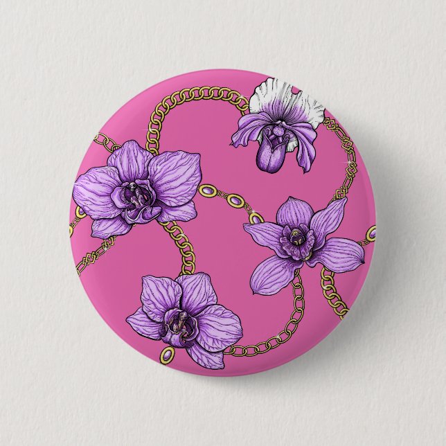 Orchids and chains, violet and pink 2 inch round button (Front)