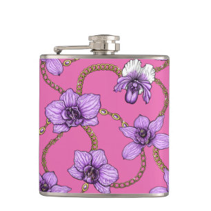 Orchids and chains, violet and pink hip flask