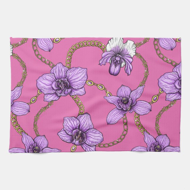 Orchids and chains, violet and pink kitchen towel (Horizontal)
