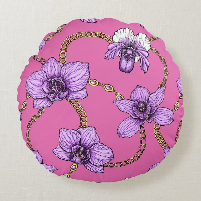Orchids and chains, violet and pink round pillow (Front)