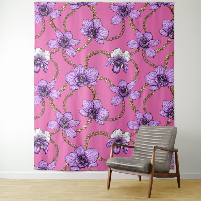 Orchids and chains, violet and pink tapestry (In Situ)