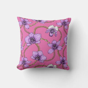 Orchids and chains, violet and pink throw pillow