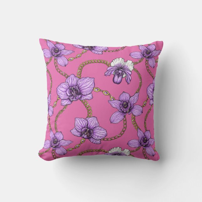 Orchids and chains, violet and pink throw pillow (Front)