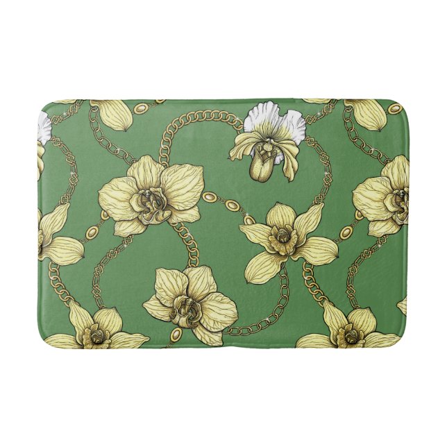 Orchids and chains, yellow and kelly green bath mat (Front)