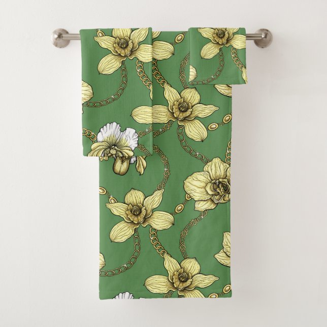 Orchids and chains, yellow and kelly green bath towel set (Insitu)