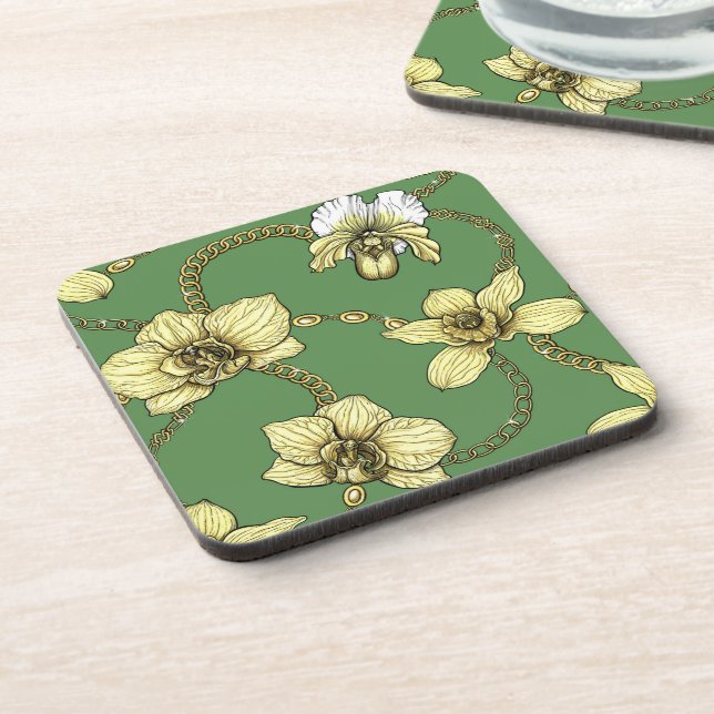 Orchids and chains, yellow and kelly green coaster (Left Side)