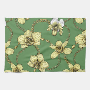 Orchids and chains, yellow and kelly green kitchen towel