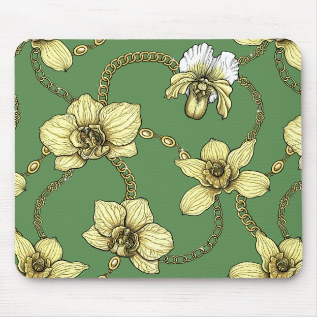 Orchids and chains, yellow and kelly green mouse pad (Front)