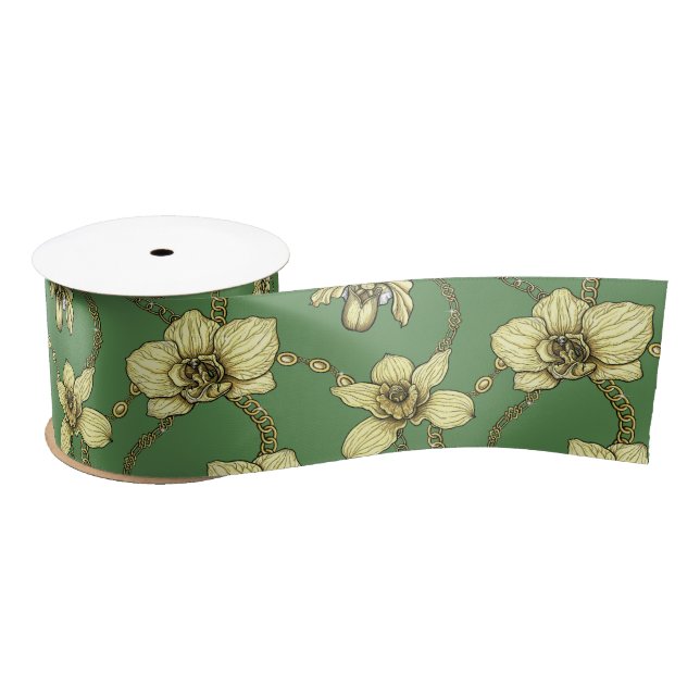 Orchids and chains, yellow and kelly green satin ribbon (Spool)