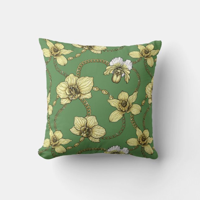 Orchids and chains, yellow and kelly green throw pillow (Front)