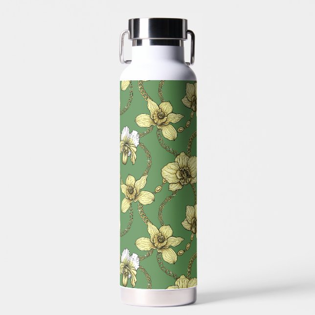 Orchids and chains, yellow and kelly green water bottle (Front)