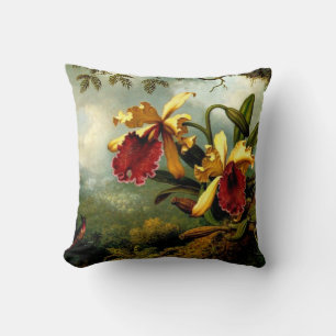 Orchids and Hummingbird, botanical art Throw Pillow