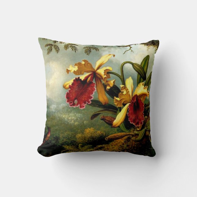 Orchids and Hummingbird, botanical art Throw Pillow (Front)