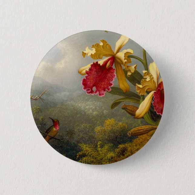Orchids and Hummingbird Heade 2 Inch Round Button (Front)