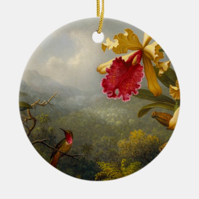 Orchids and Hummingbird Heade Ceramic Ornament (Front)