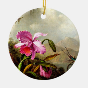 Orchids and Hummingbirds near a Mountain Lake Ceramic Ornament