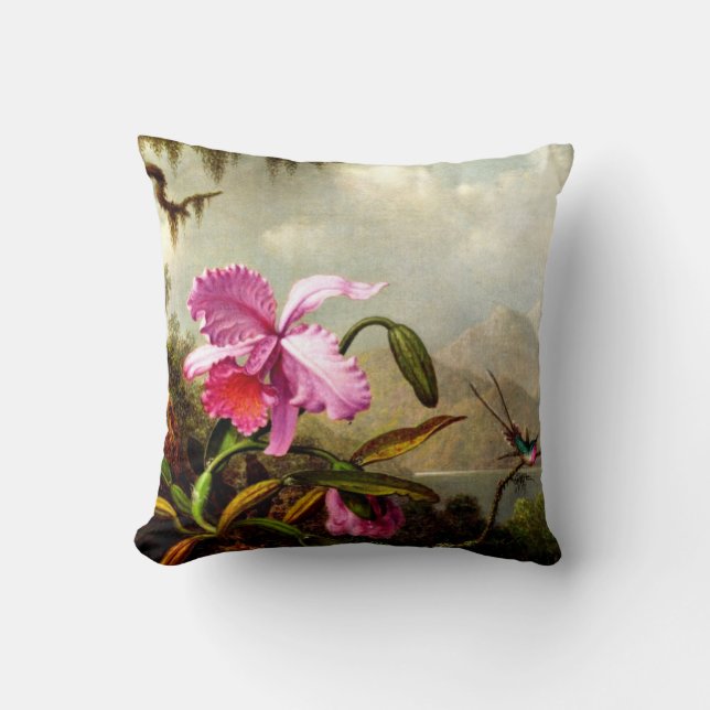 Orchids and Hummingbirds near a Mountain Lake Throw Pillow (Front)