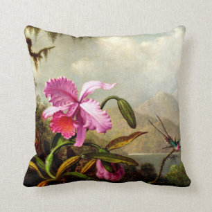 Orchids and Hummingbirds near a Mountain Lake Throw Pillow