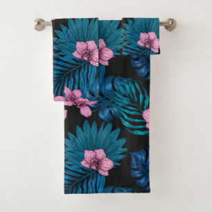 Orchids and palm leaves, pink and blue on black bath towel set