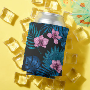 Orchids and palm leaves, pink and blue on black can cooler