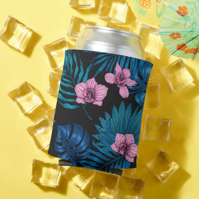 Orchids and palm leaves, pink and blue on black can cooler (In Situ Summer)