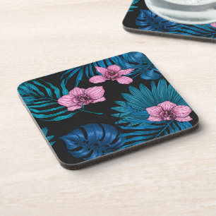 Orchids and palm leaves, pink and blue on black coaster